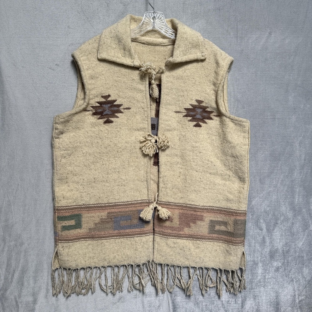 Vintage Sweater Vest Mens XL Beige Wool Chunky-Knit Aztec Fringe Open Front